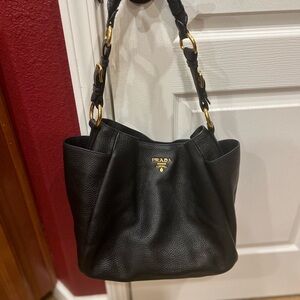 Prada Black Leather Shoulder Bag with Gold Accents